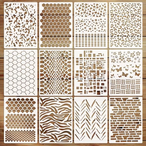 EAPIKON 12 Pochoirs de Peinture de Géométriques Réutilisable, Grand Texture Modèles de Dessin pour Bois Mur Maison Scrapbooking Décor Bricolage, Art Murale Painting Stencils, Format A4