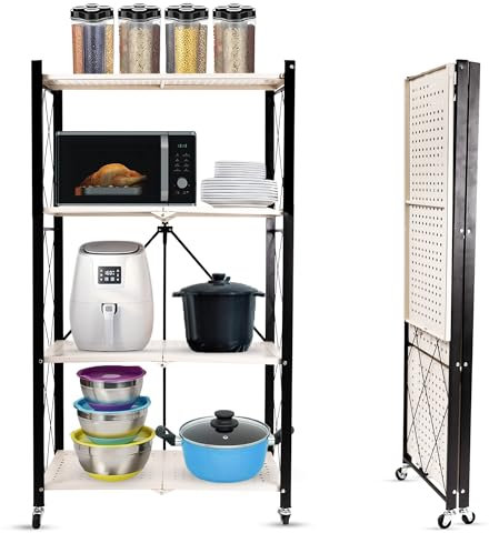 Premium Faltbares Regal 4 Ebenen mit Rädern Sofortiger Organisator Keine Montage erforderlich Strapazierfähiges Metallregal für Zuhause Faltbares Design für Wohnzimmer und Küche (Weiß/Schwarz)
