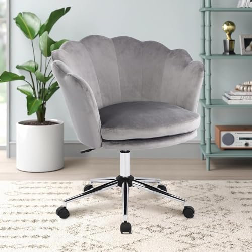 WOLMICS Bürostuhl Ergonomisch Schreibtischstuhl aus Samt für Homeoffice, Höhenverstellbarer Drehstuhl mit Einer Belastbarkeit von 150 kgt, Schminktischstuhl für Schlafzimmer/BüroDunkelgrau+Silberne