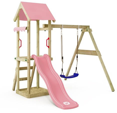 WICKEY Spielturm Klettergerüst TinyWave mit Schaukel & Rutsche, Outdoor Kinder Kletterturm mit Sandkasten, Leiter & Spiel-Zubehör für den Garten (pastellpink)