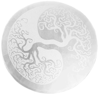 NKlaus Selenit 16601 Plaque de chargement ronde 14,5 cm – Avec gravure Yin Yang arbre de vie, décoration spirituelle pour le chargement des pierres précieuses, la méditation et le travail énergétique