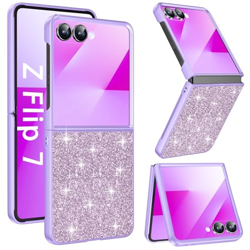 Handyhülle für Samsung Z Flip 7 Hülle mit Schutzfolie, Glitzer Bling (Lila) | Hülle Galaxy Z Flip 7 5G Case Glitzer Bling Sparkle Original Ultraleicht Dünn Schutzhülle 360 Stoßfest Anti-Kratzer PC Cover