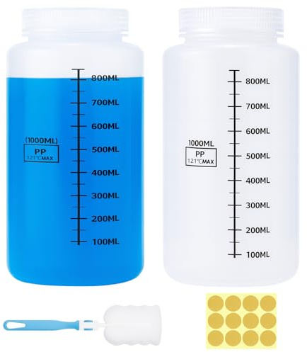 Sheryl&Rain 2 Stück 1000 ml Weithalsflasche Kunststoff, Labor-Reagenzflasche mit Breiter Öffnung, Versiegelt, Auslaufsicher, Durchscheinend, PP-Flasche, für Pillenflaschen, Wasserprobenflaschen