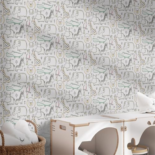 Sticky Back Plastic Cartoon Animals Wallpaper Peel and Stick Worktop Vinyl Covering Kitchen Bathroom Bedroom Furniture Art Deco Self Adhesive Wallpaper 38.6x320.6 cm