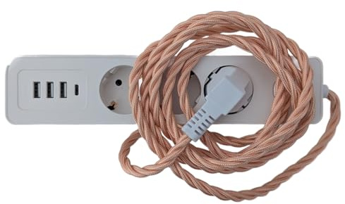 Vintage 3-Fach Steckdosenleiste mit Stoffkabel 2m – 16A Retro Verlängerungskabel, geflochtenes Textilkabel, klassisches Old-School Design, TUV/GS/CE Zertifiziert – Auswahl aus 5 Farben (Rose Gold)