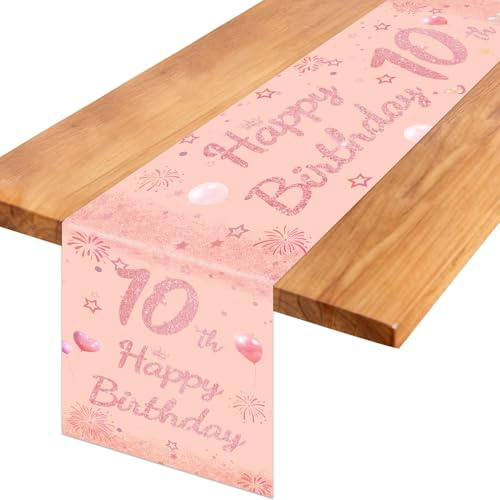 TaimeiMao Tischläufer Deko 10 Geburtstag Mädchen Roségold,180 X 35 cm | Bunt Happy Birthday Tischdecke,Happy Birthday Tischläufer zum Geburtstag,TischdekoGeburtstag für Junge Mädchen