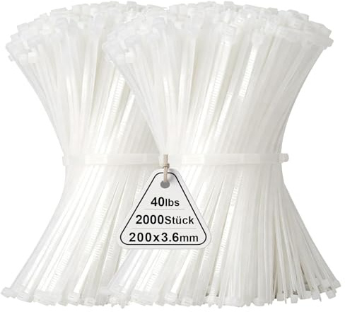 2000 Stück Kabelbinder Weiß, 200mm x 3,6mm Industrie Cable Ties, Mehrzweck UV-Beständig Langlebig Klein Nylon Selbstsicherndes Zip Tie mit 18kg für Gartenarbeit, Hause, Büro, Werkstatt und den Auße
