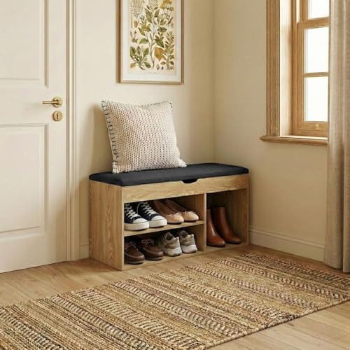 EDAXO BOXIMO TRIA Schuhschrank mit Sitzbank, MDF und Polyester, 80 x 43 x 30 cm (Braun)