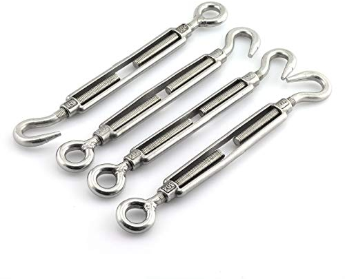 JCBIZ Tendeur à vis à vis œil Crochet au Passoire Clôture Co du Corps Ouvert Draw-in Boulon réglable en Acier Inoxydable 304 Wire Rope Tendeur 4pcs M10