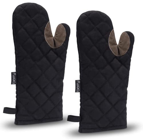 BERRY® Ofenhandschuhe - Grillhandschuhe - BBQ - extra lang u. rutschfest - optimaler Schutz vor Verbrennungen - hitzebeständige Backhandschuhe - Baumwolle - nachhaltig verpackt - Schwarz