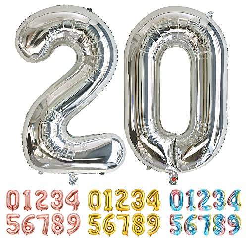 Ponmoo Luftballons Zahlen 20 Silber, Riesen Nummer 0 1 2 3 4 5 6 7 8 9 10-19 20-29 30-39 40 50 60 70 80 90 100, groß Folienballons für Hochzeit Jubiläum, Geburtstagsballons Party Dekoration