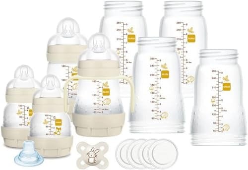 Mam Ensemble de 8 biberons de 130 ml, 160 ml et 260 ml, 1 tétine Start Nanò, 4 disquettes, 1 bec souple et poignées, couleur beige - 730 g, 14,2 x 16,8 x 21,2 cm ; 720 grammes