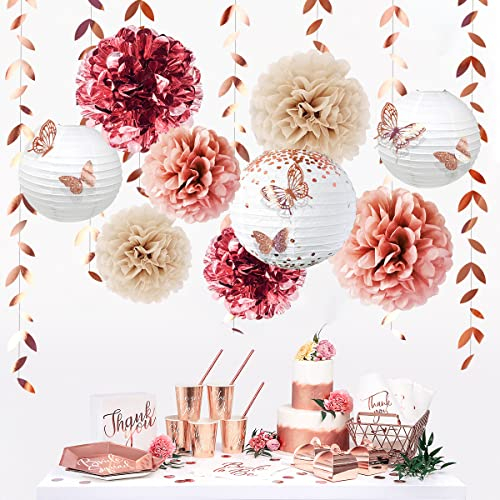CENPEK 18-teiliges Roségold-Partydekorationsset zum Aufhngen von Papierfchern, Laternen, Pom Pom-Blumen mit 3D-Schmetterlings-Goldblttern, Girlande für Geburtstag, Hochzeit