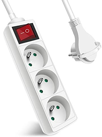 Extrastar Multiprise 3 Prises avec Interrupteur Fiche Plate, Bloc 3 Prises, Rallonge 1.5m 230 V avec sécurité Enfant, Blanc