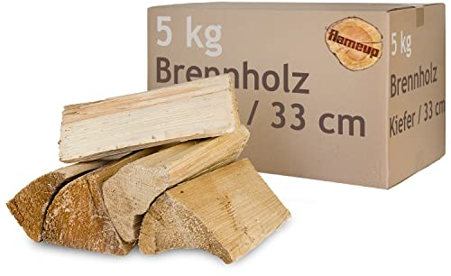 Kiefer Brennholz Kaminholz Holz 5-500 kg Für Ofen und Kamin Kaminofen Feuerschale Grill Feuerholz Holzscheite Wood 33 cm kammergetrocknet Flameup, Menge:5 kg