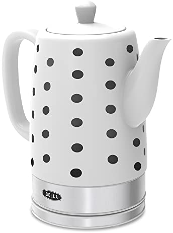 BELLA Hervidor eléctrico y tetera - Calentador de agua de cerámica con base giratoria extraíble, función de apagado automático y protección al hervor, 1,5 litros, estampado de lunares