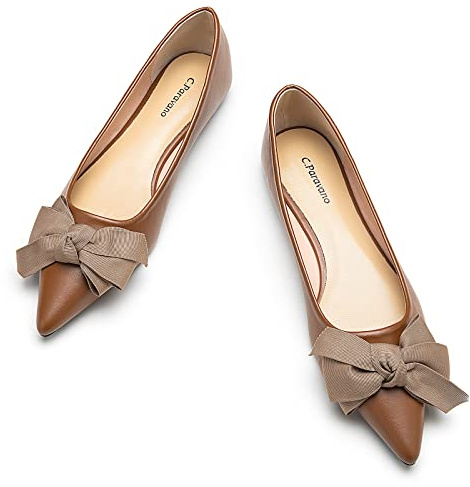 C.Paravano Ballerines Femme | Marron Ballerines Petit Talon | Chaussures Plates Ballerines Bout Pointu | Classiques Ballerine en Confort Cuir | Chaussures Plates et Nœud Décoratif