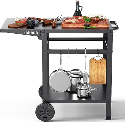 Inkmin Pizza Oven Cart Table - Outdoor Grill Stand With Double-Shelf, Movable BBQ Table, Stainless Kitchen Food Prep Trolley, Multifunctional Portable Dining Worktable (Double-Deck)