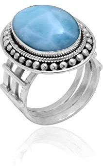 Veracity Jewelry 925 Sterling Silver Gemstone Statement Rings – Gift For Birthday Wedding Anniversary Mother's Day Ring – Vintage Boho Style Handmade Gifts (Larimar)