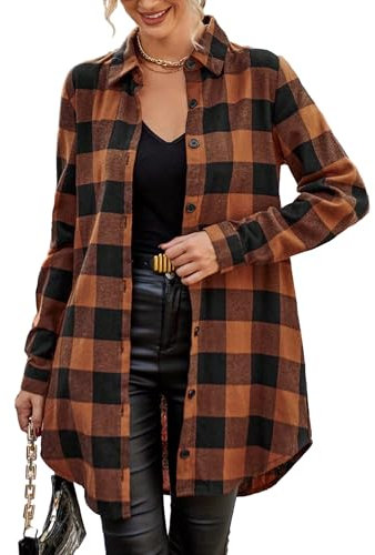 Jhsnjnr Women's Plaid Flannel Shirt Button Down Long Sleeve Top Blouse Mid-Long Checked Shirts Orange