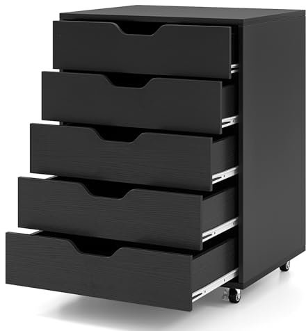 GIANTEX Aktenschrank auf Rollen, Rollcontainer mit Schubladen, mobiler Druckerständer für Home-Office & Büro, für Ordner, Dokumente, Papiere (Schwarz, 49 x 40 x 65 cm)