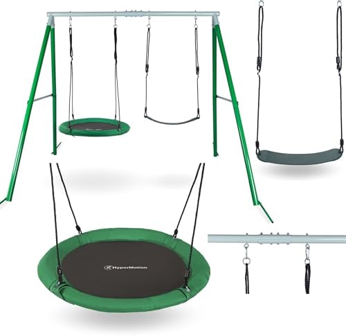 HyperMotion Columpio Infantil Doble para Jardín Exterior - Asiento y Nido de Cigüeña Ajustable con Estructura en A - para 2-3 Niños, Carga 200kg, Resistente UV