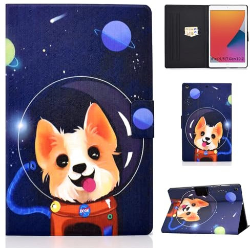 Auslbin Custodia Per iPad 9 8 7 Gen 10.2 2021/2020/2019 Cover Protettiva per Tablet - Copertina in Pelle PU con Funzione Sveglia/Sonno Auto,Cane spaziale