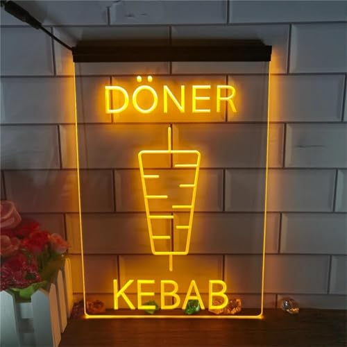 KEYQEEN Doner Kebab Enseigne au néon LED, néons 3D pour Restaurant de Magasin de Kebab pour la décoration Murale, Panneau Lumineux alimenté par USB,Jaune,30x20cm