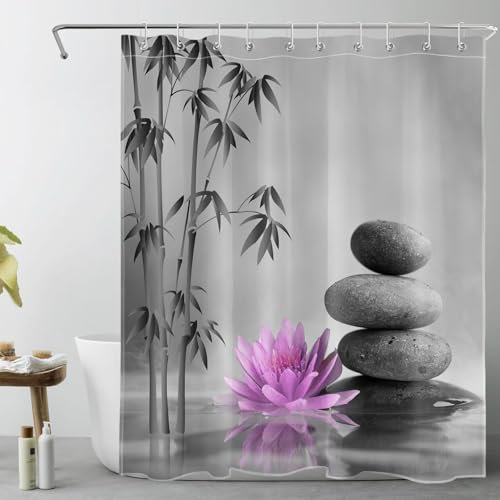 LB Zen-Bambus Duschvorhang 120x175cm(BxH) Lila Blume Graue Steine Antischimmel Wasserdicht Badezimmer Vorhänge, Japanisches Garten-Spa Extra Kurz Polyester Stoff Bad Vorhang mit Haken
