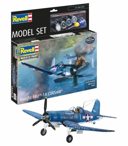 Revell Modellbausatz Vought F4U-1A Corsair | Erfolgreiches Navy-Flugzeug im WWII | Maßstabsgetreu mit detailliertem Motor | Zubehör inkl. Kleber und Pinsel