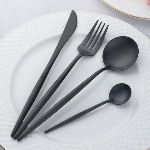 Matte Black Cutlery Set, Buyer Star 4 Pieces Stainless Steel Cutlery Set Black Matte, Flatware Set Knife Spoon Fork Sets Dinner Set for Daily Life Service for 1, Dishwasher Safe
