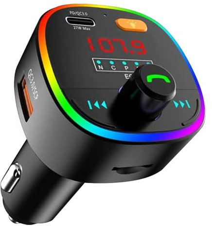 Mycket Upgraded Bluetooth 5.0 FM Transmitter for Car,45W Type-C & QC3.0 Fast USB Charger,Wireless Bluetooth FM Radio Adapter Music Player Support U Drive/TF Card,Optional EQ,with 10 Color LED Backlit
