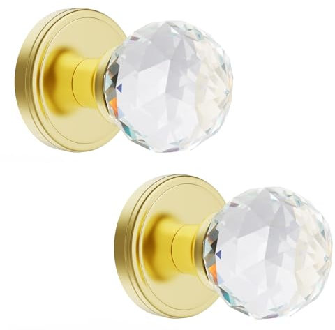 CLCTK 2 Pack Crystal Glass Dummy Door Knobs, Inactive Round Half-Dummy Door Knob Set, Single Side, Polished Brass