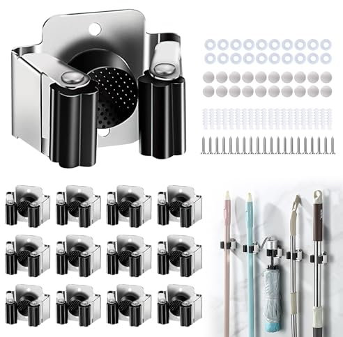 Trukafie Accroche Balai Mural, 12 Pcs Porte Balais Mural Porte Outils Mural en Acier Inoxydable pour Outils de Jardin pour Jardin, Cuisine, Salle de Bain, Garage, Pelle, Serpillère