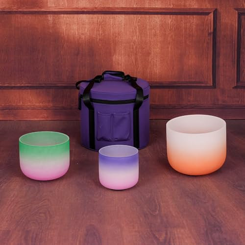 Bol chantant en cristal de quartz arc-en-ciel 17,8 cm A + 23 cm F + 27,9 cm D + étui pour méditation, yoga et relaxation