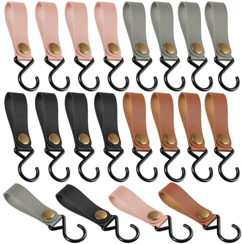 NVGVUP 20 Stück S Haken Mit Lederschlaufe, Haken zum Einhängen | Leder-S-Haken für Kleiderstange, Camping, Mantel, Küche und Bad, Praktische Aufbewahrung