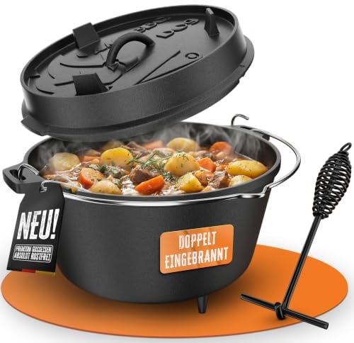 AMZBBQ® Dutch Oven 9 Liter mit Füßen – Gusseisen Topf, doppelt eingebrannt | Feuertopf für Grill, Briketts und Lagerfeuer – ideal zum Brot backen, Schmoren und Braten – inklusive Deckelheber