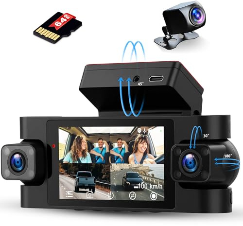 Inefala Full HD 2K Dash CAM con Cámara de Coche de Cuatro Canales 360°, Pantalla de 3'' con 8 IR de Visión Nocturna y 64G de Memoria, Grabadora de Viaje con Sensor G y Monitor de Aparcamiento