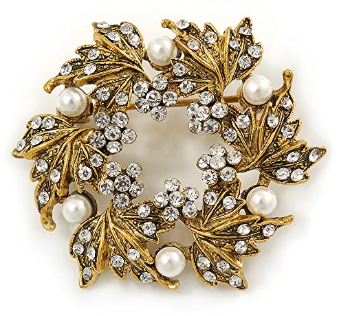 Broche en forme de couronne de perles synthétiques blanches en plaqué or – 4 cm de diamètre, taille unique, Pas de type de métal, diamante Fausses perles.