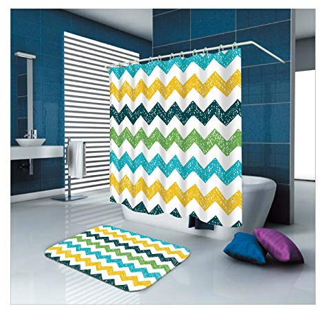 Daesar Badematte Waschbar 40x60 Bunte Wellenlinie Vintage Duschvorhang 180x180 cm, Badematten Set