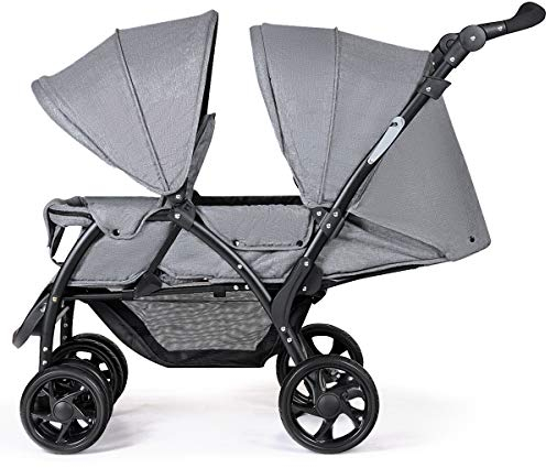 DREAMADE Geschwisterwagen Baby ab Geburt bis 15 kg, Zwillingskinderwagen Faltbar mit verstellbarer Liegeposition und Fußstützen, Zwillingsbuggy mit Verdeck & Sicherheitsgurt