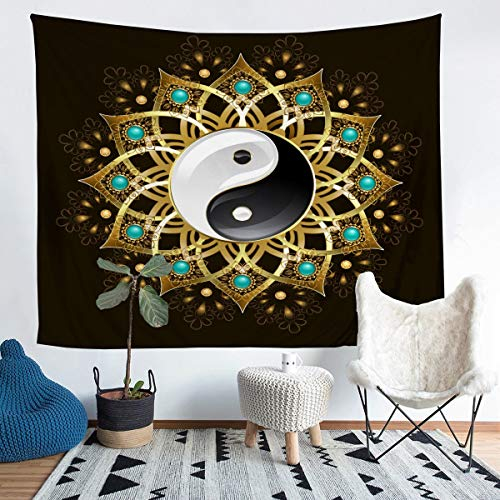 Böhmisches Mandala Wandteppich 175x230cm Yin Yang Wandbehang für Kinder Jungen Mädchen Tie Dye Spiral Tapisserie Gold Schwarz Wandtuch Dekor Dekorativ
