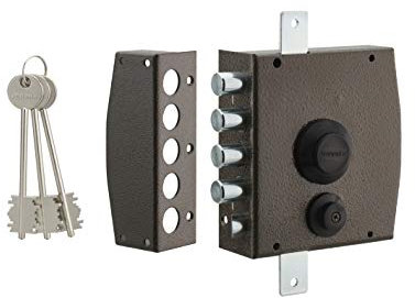 THIRARD - Serrure en Applique à Clé pour Porte d'Entrée - Gauche - 3 Points - Coffre et Gâche Acier - Verrouillage à Trois Points - 154 x 140 mm - Noir - 3 Clés Incluses