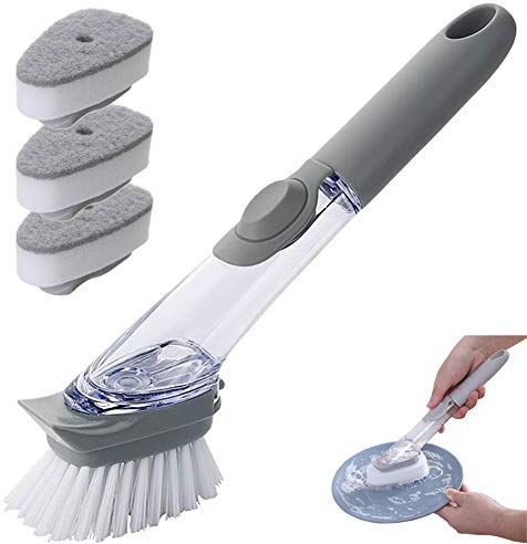 3-in-1 cleaning brush with detergent dispenser cleaning brush, with 3 cleaning sponges and a replacement pot and dish brush (gray)