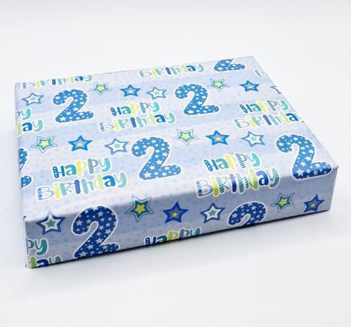 Geschenkpapier zum 2. Geburtstag, für Jungen, Blau, 2 Bögen + 2 Geschenkanhänger