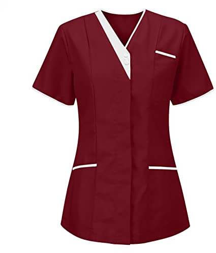 Damen Pflege Schlupfkasack Kasack, Krankenpfleger Berufsbekleidung mit Taschen Kurzarm V-Ausschnitt T Shirts Tops Schönheitssalon Pflegeheim Kosmetikerin Nurse Uniformen
