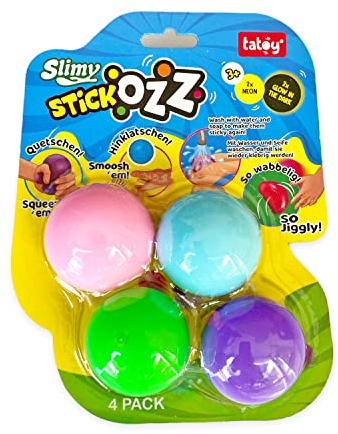 Tatoy Slimy StickOzz 4er Pack - 2 x Neon und 2 x GID Klebebälle zum Drücken, Quetschen und überall Hinwerfen, klebrige Spielbälle für Kinder, Sensory Antistress Fidget (ab 3 Jahre)