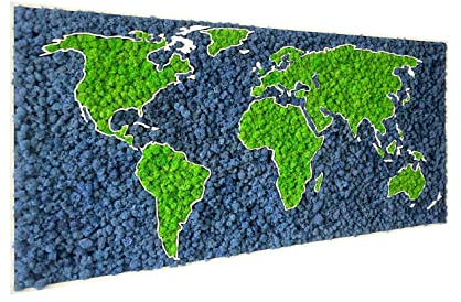 68travel Weltkarte aus stabilisierten, natürlichen nordischen Flechten, Wanddekoration (112 x 65 cm, grün und blau, natürlicher Holzrahmen)