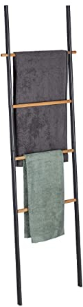 Relaxdays Handtuchleiter, Holz & Metall, 4 Sprossen, Handtücher & Kleidung, zum Anlehnen, 171x50x3 cm, anthrazit/Natur