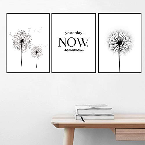 Yesterday Now Tomorrow Motivational Quote Poster Wall Art Prints Minimalist Black White Dandelion Plants Picture Decor 40x50cm-3Pieces Frameless